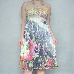 Lapis Strapless Floral Midi Dress in Cream, Pink and Purple